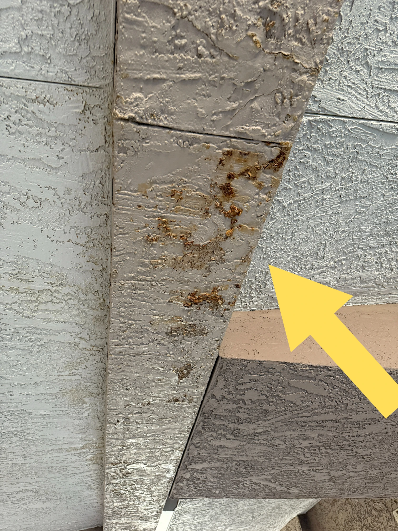 Water damage to an exterior building wall